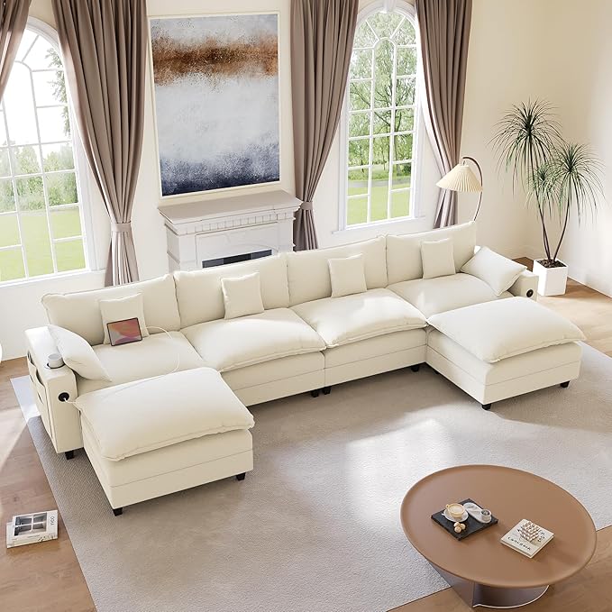 152" Modular Sectional Sofa, U Shaped Cloud Couch with Movable Ottoman, Chenille Deep Seat Cloud Sofa with Charging Station, Cup Holder, Side Pocket, Sectional Couches for Living Room, Beige