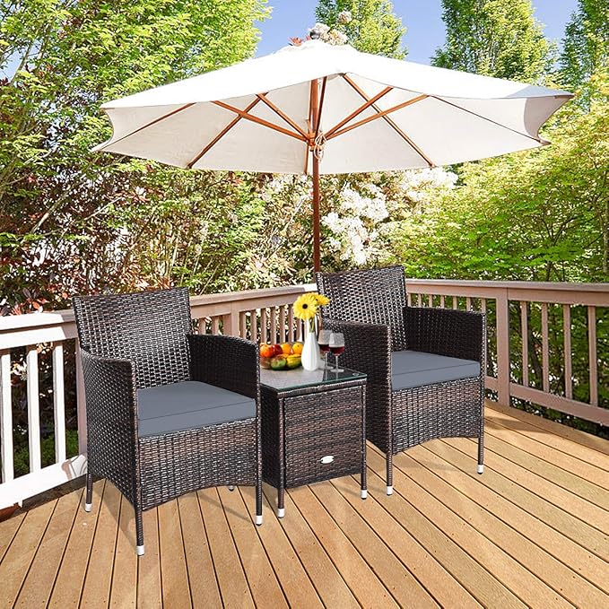HAPPYGRILL 3-Pieces Patio Furniture Set Outdoor Wicker Rattan Conversation Set with Coffee Table Chairs & Thick Cushions Bistro Sets for Patio Garden Lawn Backyard Pool