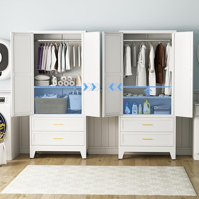 Metal Armoire Wardrobe Closet with 2 Drawers, 71" Wardrobe Cabinet with 1 Adjustable Shelf & 1 Hanging Rod for Bedroom, White Metal Closet Storage Cabinet with 2 Doors & 2 Drawers