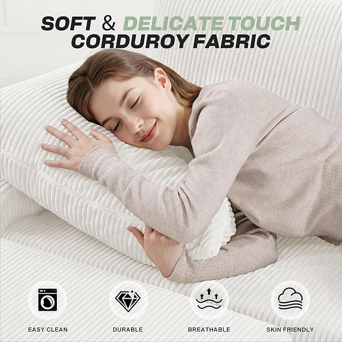HABUTWAY 94“ U Shaped Modular Sectional Couch for Living Room, Modular Cloud Sofa with Ottoman, No Assembly Boneless Couches with Deep Seat, Corduroy Fabric (Beige, Right Facing)