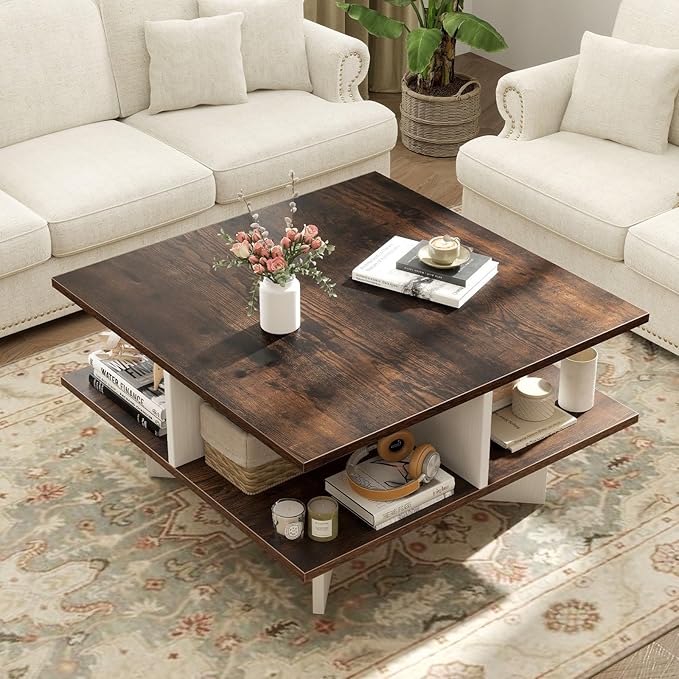Giantex Square Coffee Table, Mid Century Modern Center Table with 4 Storage Compartments & Cross-Shape Base, 24 Inch Farmhouse Coffee Tables for Living Room (Brown)