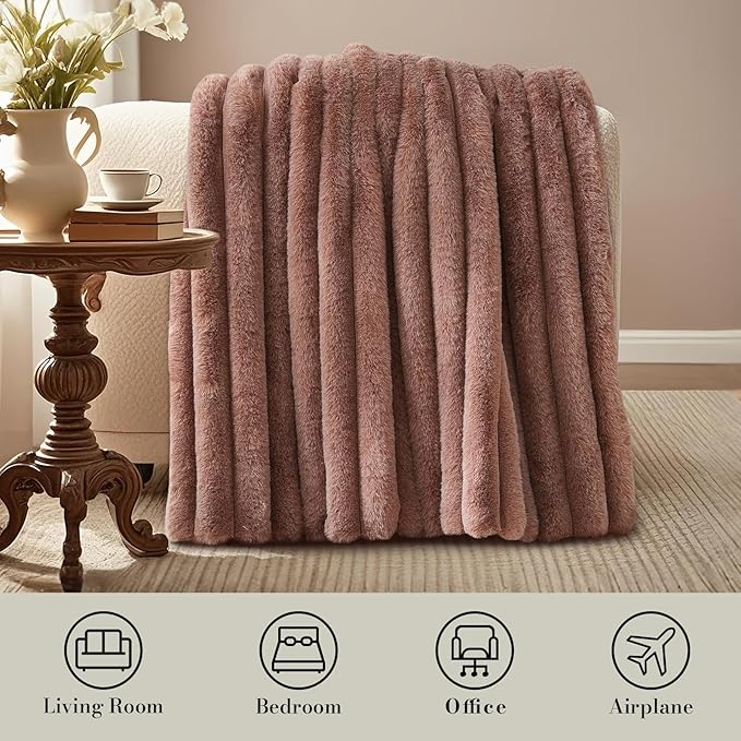 Amélie Home Faux Fur Throw Blanket for Couch, Ultra Cozy Fuzzy Fluffy Fur Luxurious Soft Striped Plush Gift Blankets for Family Sofa Chair Bedroom, 55"x70", Cationic Fox Pink Brown