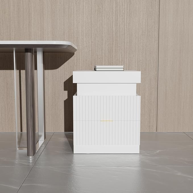 Wooden Nightstand with Charging Station & LED Lights, Modern Fluted Bedside Table with Sliding Top & Drawers for Bedroom & Living Room, White - Image 9