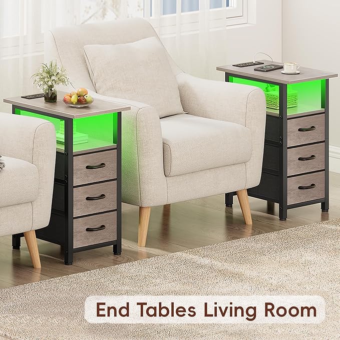 Vagusicc Set of 2 Nightstand with Charging Station and LED Lights, Narrow End Table, LED Night Stand with 3 Fabric Drawers for Bedroom, Small Bedside Table, Narrow Side Table for Small Spaces, Greige - Image 7