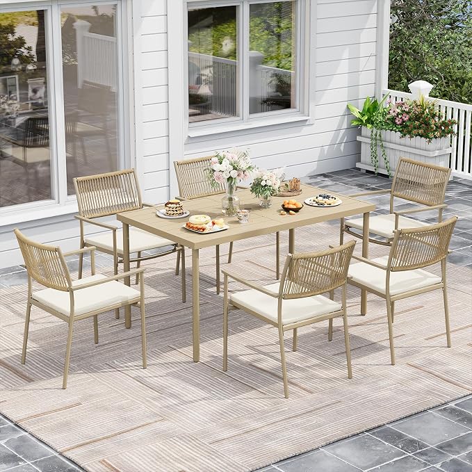 Outdoor Dining Set for 2, Patio Dining Chair with Soft Cushion, Matte Metal Spray Coating Patio Dining Chair, 2 Wicker Rattan Chairs for Backyard, Garden & Poolside,Beige - Image 6
