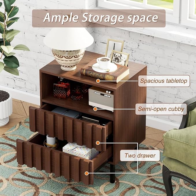 UEV Mid Century Modern Fluted Nightstand Set of 2, 2 Drawers End Table with Storage Space, Accent Solid Wood Bedside Table for Bedroom, Living Room (Brown, Set of 2) - Image 6
