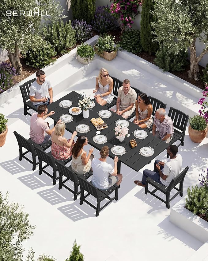 SERWALL Outdoor Expandable Dining Table 60" - 83", Patio Dining Table for 4-10 People, All Weather HDPE and Aluminum Outdoor Furniture, Black - Image 6