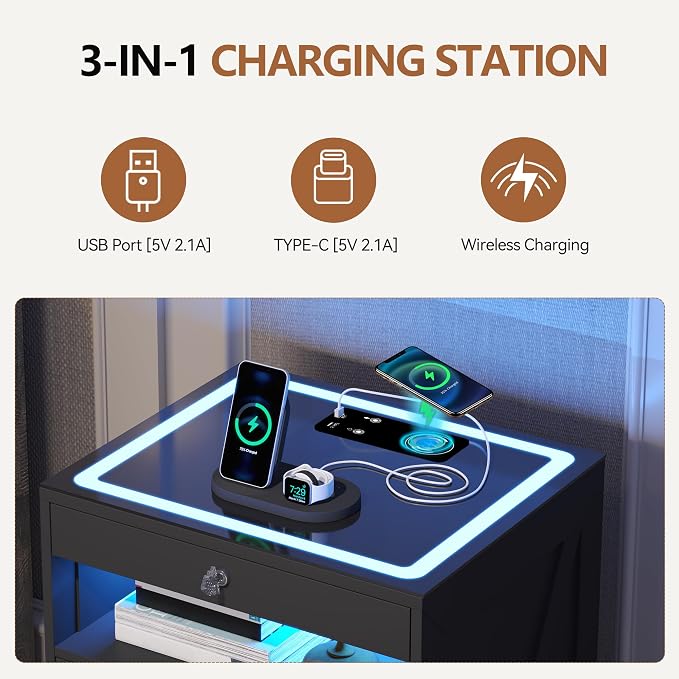 HNEBC Smart Night Stand with Gun Drawer,Glass Top Nightstand with Charging Sation,LED Bedside Table with 3 Color Lights,End Table with Glass Desktop,3 Drawers for Bedroom,Black - Image 4