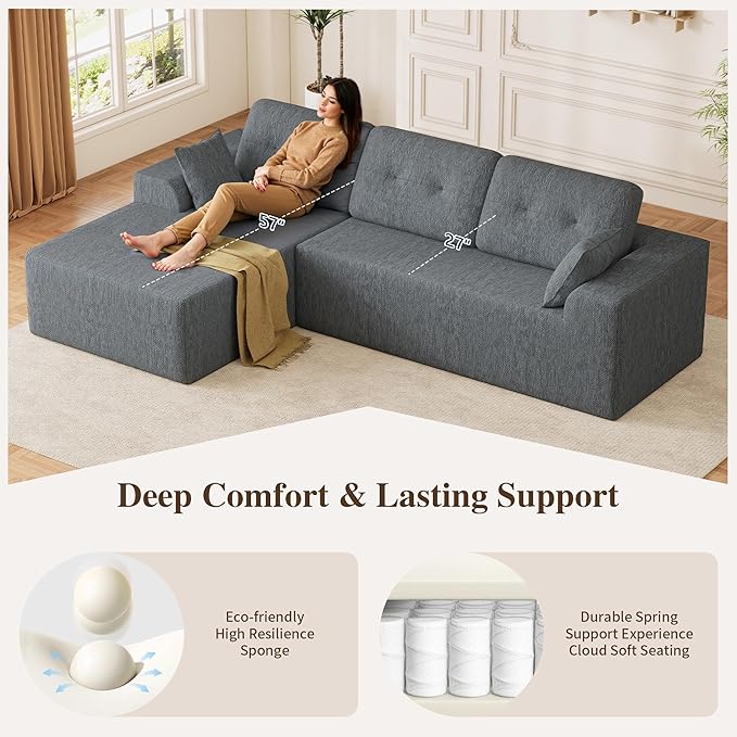 Ball & Cast 106" Boneless Sectional Sofa, Chenille Modular L Shaped Couch with Deep Seat Chaise, Cloud Style Oversized Sectional Couch for Living Room, No Assembly, Left Facing, Grey