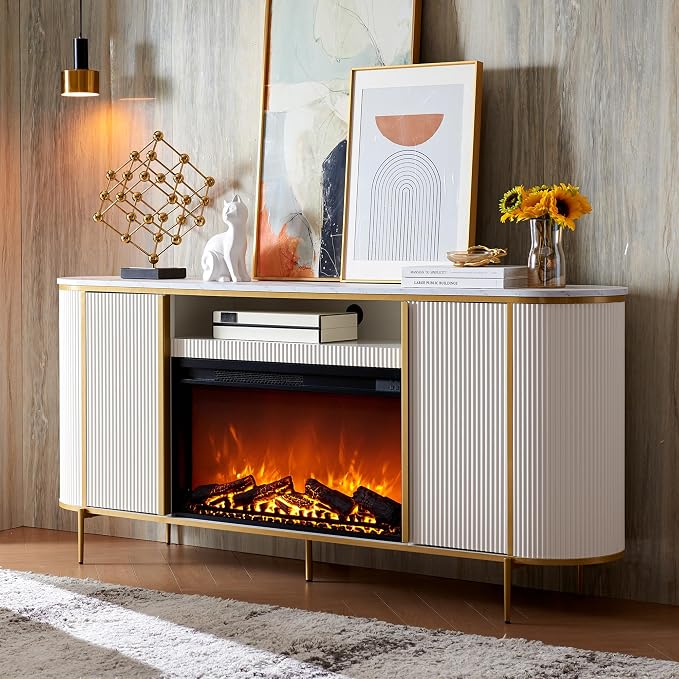 OKD Luxury 70" Fluted Fireplace TV Stand, Modern Chic Entertainment Center for TVs Up to 80 inches, TV Console with Faux Marble Top, Curved Profile Design, Media Console for Living Room, Off White by OKD