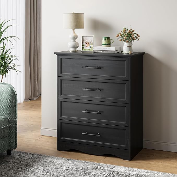 Bedroom Set, 3 Pieces Bedroom Furniture Set, Wood 4 Drawer Dresser and 3 Drawers Nightstands with Charging Station, Farmhouse Storage Organizer Cabinet for Bedroom, Black
