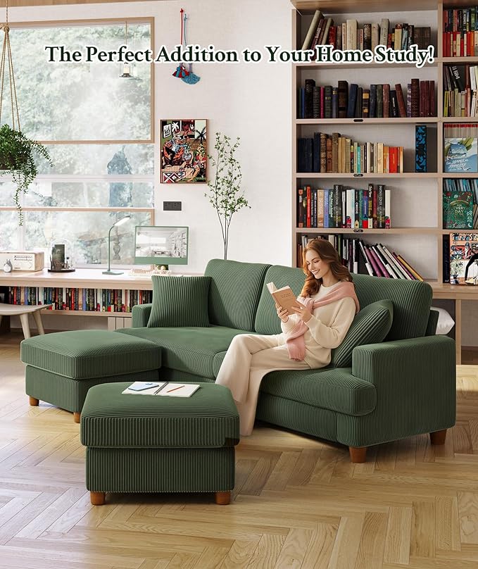 25.2" Couches for Living Room, Comfy Green Ottoman with Storage, Foot Rest Tool-Free Setup, Small Ottoman Foot Rest for Couch, Corduroy Couch for Bedroom, Apartment, Office