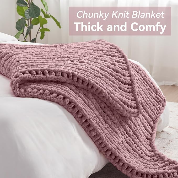 Negwoo Chunky Knit Throw Blanket, 80''*90'' Knitted Throw Chenille Yarn for Bed Couch, Handmade Muted Pink Crochet Big Thick Blanket, Machine Washable Cute Comfy Blanket for Home Decor