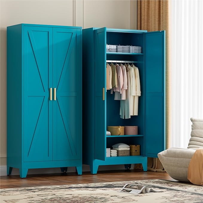 LCAOPC 71" Tall Metal Wardrobe Closet with Adjustable Shelves and Hanging Rod, 2 Doors Free Standing Armoire Wardrobe Cabinet for Bedroom, Office, Laundry Room, Blue
