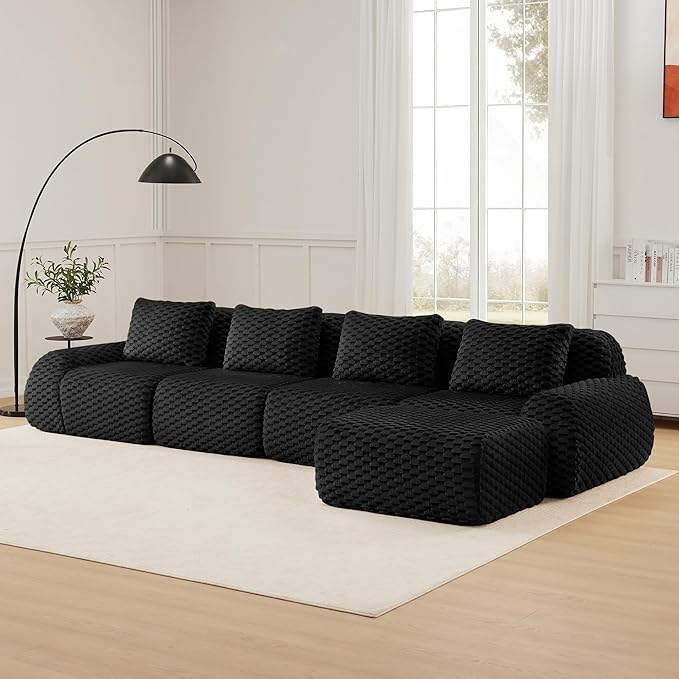 146" L-Shaped Compressed Sectional Cloud Sofa, Flannel Upholstered Modular Deep Seat Sofa with 5 Pieces, Modern Floor Boneless Foam Modular Cloud Couches for Living Room