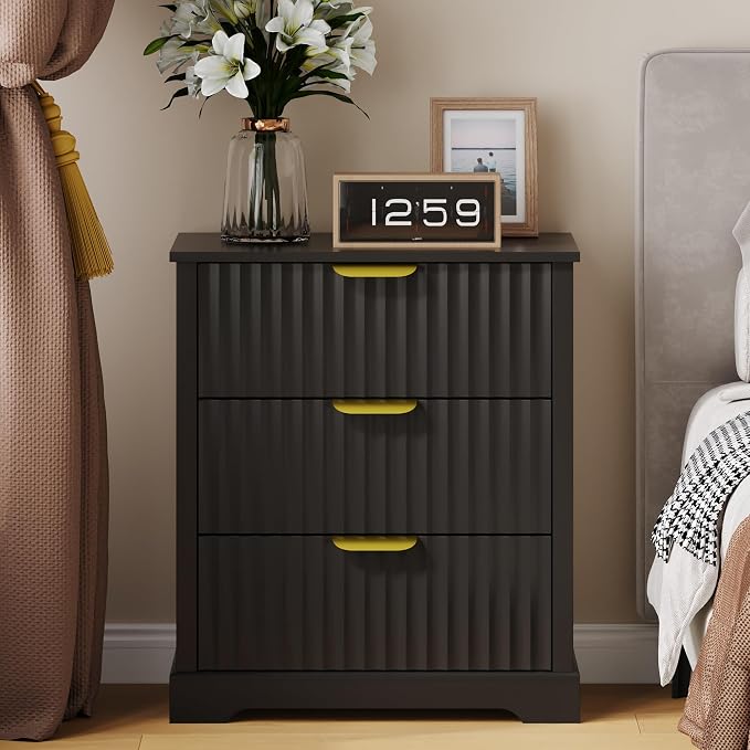 Fluted Nightstand with Charging Station, Modern Night Stand with 3 Drawers and Metal Handles, Large Bedside Table for Bedroom, Black - Image 3
