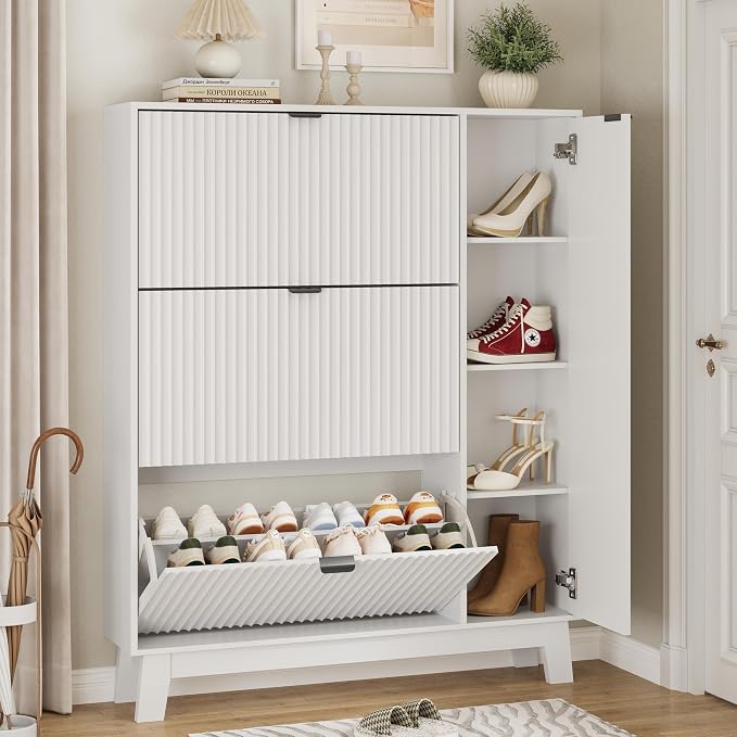 Xixini Shoe Cabinet with 3 Flip Drawers, 54" Tall Narrow Fluted Shoe Storage Organizer for Entryway, Hidden Wooden Shoe Rack with Adjustable Side Cabinet for Front Door Entrance, Hallway, Solid White by Xixini