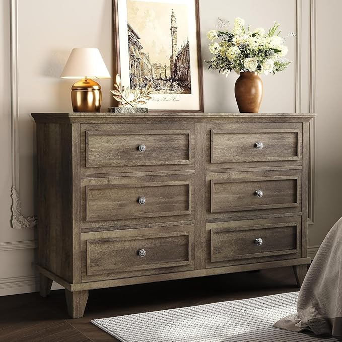 GAOMON Dresser for Bedroom, 6 Drawer Wide Dresser Storage Organizer, Modern Wooden Chest of Drawers with Metal Handles for Hallway, Entryway, Home Office, Grey by GAOMON
