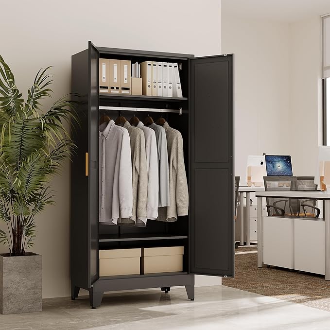 71" Tall Metal Armoire Wardrobe Closet, Clothing Storage Cabinet, Freestanding Wardrobe Cabinet with 2 Adjustable Shelves for Bedroom, Office, Garage