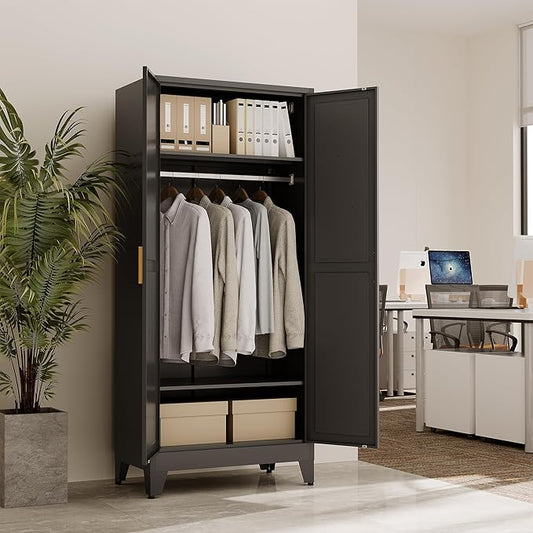 71" Tall Metal Armoire Wardrobe Closet, Clothing Storage Cabinet, Freestanding Wardrobe Cabinet with 2 Adjustable Shelves for Bedroom, Office, Garage