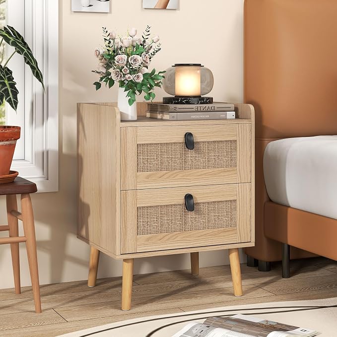 Giantex Rattan Nightstand with 2 Drawers, Boho End Table with 4 Solid Wood Legs, Mid-Century Modern Bedside Table with Storage, Wooden Night Stand for Small Spaces Bedroom, Natural - Image 2