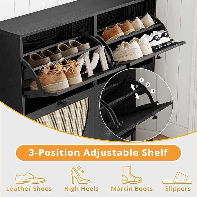 IRONCK Rattan Shoe Cabinet Storage with 4 Flip Drawers, Freestanding Shoe Storage Organizer Cabinet for Entryway, Narrow Shoe Rack Cabinet, Matte Black - Image 5