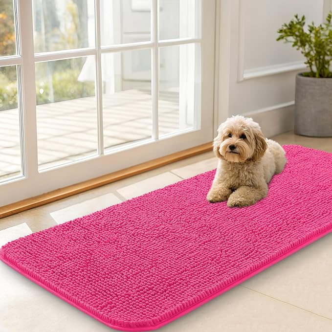 OLANLY Dog Door Mat for Muddy Paws 47x20, Absorbs Moisture and Dirt, Absorbent Non-Slip Washable Doormat, Quick Dry Chenille Mud Mat for Dogs, Entry Indoor Entryway Carpet for Inside Floor, Hot Pink by OLANLY