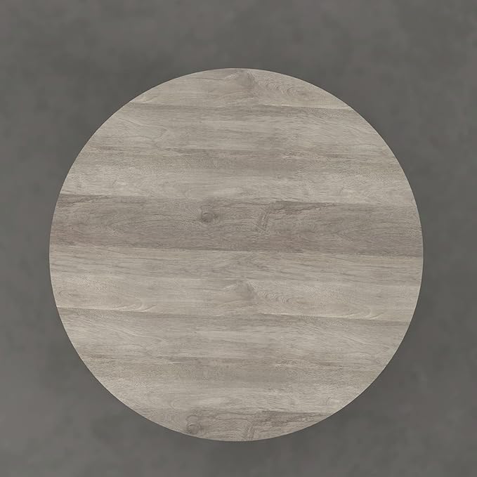 SIMPLIHOME Elmbrook Coffee Table - 34 inch Wide Solid Mango Wood Modern Industrial Round Drum Cocktail Table in Weathered White, Sculptural Living Room Table with Low Profile Design, Assembled