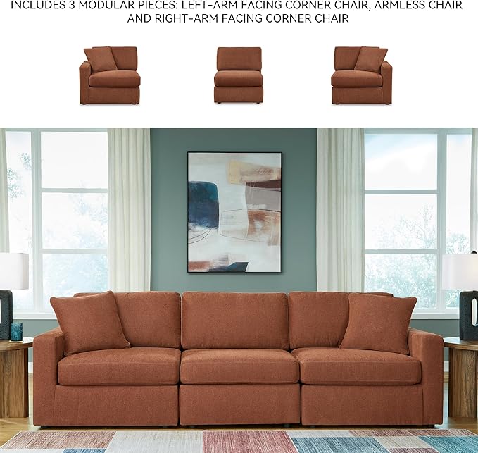 Signature Design by Ashley Modmax Modern Modular Stain Resistant 3-Piece Sofa with Removable Covers and 2 Accent Pillows, Orange