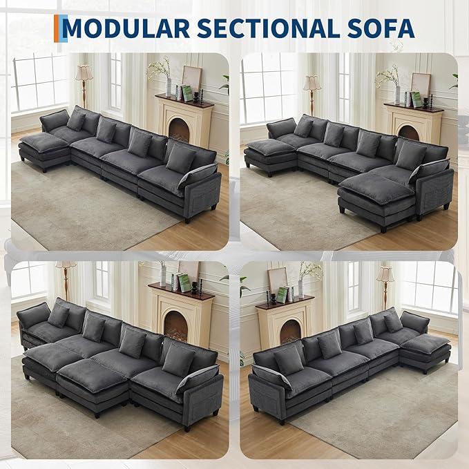 GarveeHome 147" U Modular Sectional Sofa, Corduroy Cloud Couch with Movable Ottoman & Throw Pillows, Modern L/U-Shaped Sofa, Comfy Deep Seat Couch for Living Rooms, Offices, Bedroom and Apartment