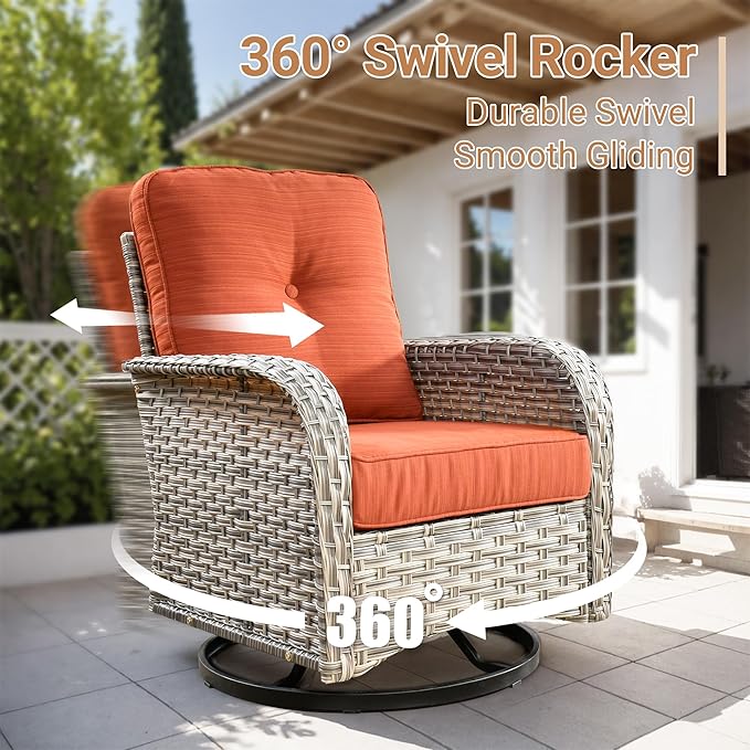 HOOOWOOO Outdoor Patio Furniture Set with Light Table,8 Pieces Wicker Conversation Set,All Weather High Back Couch Sofa Swivel Chairs Set,Orange Red
