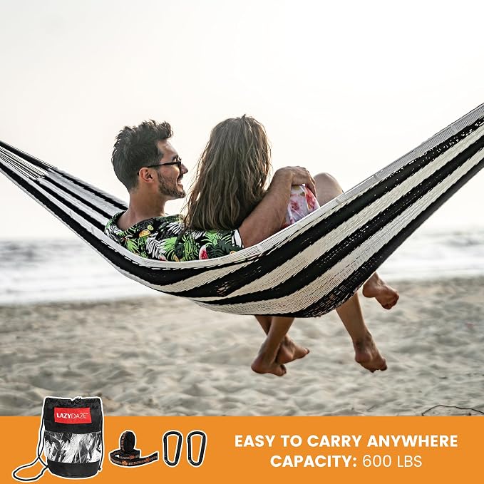 Lazy Daze Hammocks Handwoven Mayan Hammock, 10.5 FT Soft Rope Double Hammocks, Portable Outdoor Hammock with Carry Bag, 2 Straps & Carabiners for Patio Outside, 550 lbs Weight Capacity, Black/White - Image 5