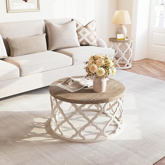 karlott Farmhouse Coffee Table, French Country Round Coffee Table, Coastal Coffee Tables with Distressed Top, Boho Center Table with Curved Motif Frame Base for Living Room, Dining Room, Bedroom