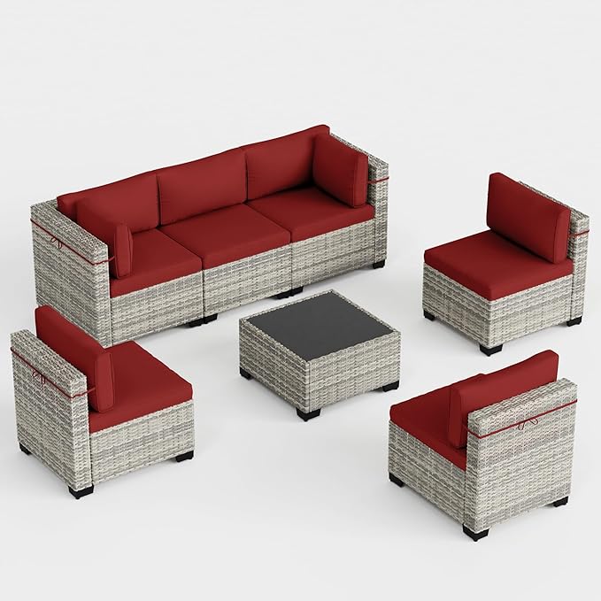 7-Piece Outdoor Patio Furniture Set, PE Wicker Rattan Sectional Sofa Conversation Set with Tempered Glass Table & Thick Cushions - All-Weather Garden, Backyard Furniture, Red