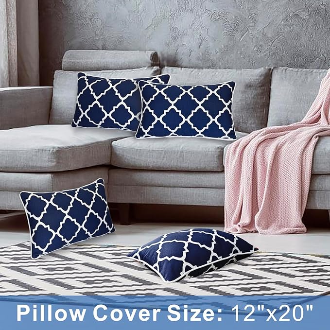 JMGBird Water-Resistant Outdoor Pillows Set of 2, 12x20 inch Durable Navy Blue Grid Pattern Throw Pillows with Inserts for Patio Furniture