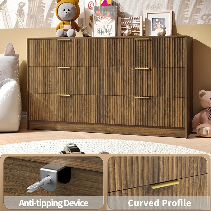 Walnut Dresser and Nightstand Sets, 6 Drawer Dresser Set for Bedroom 3 Piece, 55” Wide Fluted Wood Dressers W/Metal Handle & Night Stand Set of 2, Modern Bedroom Furniture Sets, Walnut