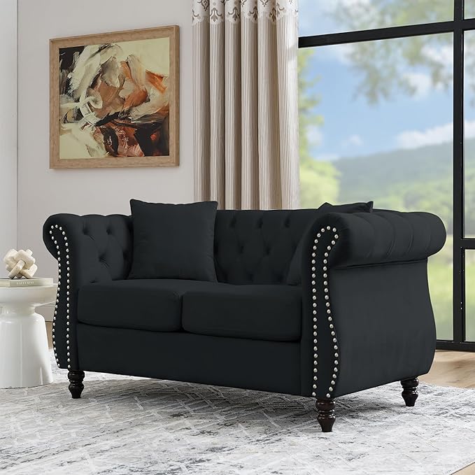 KEIKI Chesterfield Sofa, Retro Style Upholstered 2 Seater Velvet Couch with Rolled Arm for Living Room Bedroom Office Apartment, Black