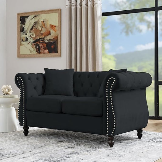 KEIKI Chesterfield Sofa, Retro Style Upholstered 2 Seater Velvet Couch with Rolled Arm for Living Room Bedroom Office Apartment, Black