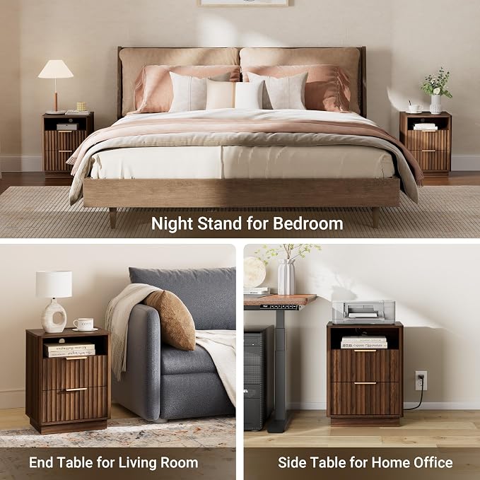 Fluted Nightstand, Walnut Night Stand, 2 Drawers Nightstand with Charging Station, Wooden End Table with Storage, Modern Bedside Table for Bedroom Sofa Home Office, Curved Corners Design - Image 7