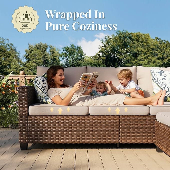 Patio Furniture Set, 7 Pcs Wicker Rattan Rattan Outdoor Conversation Set, 4 x Single Chairs, 1 x 3 Seater Sofa and 2 x Ottoman with 4" Thick Cushion for Garden Backyard Deck, Beige