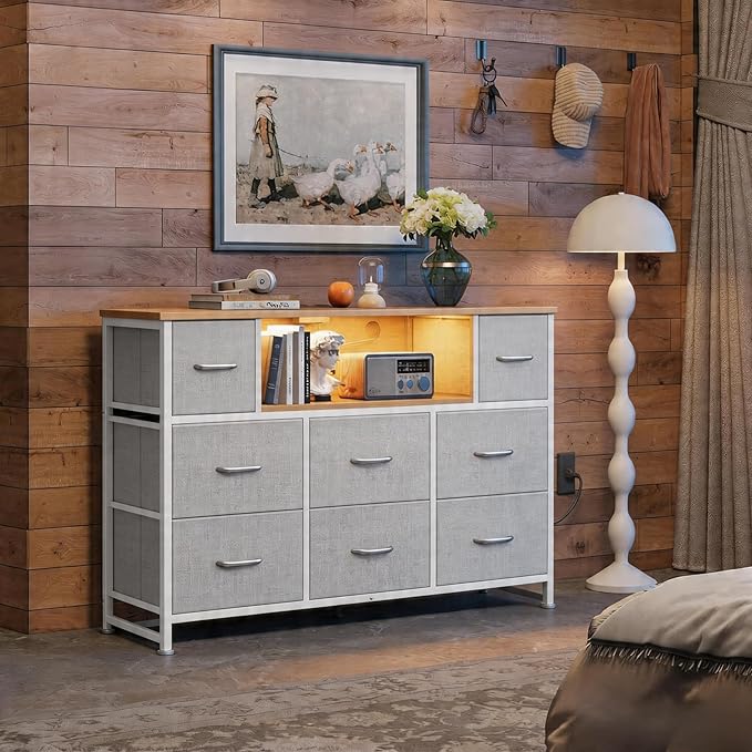 Simple Deluxe TV Stand Dresser with 8 Fabric Drawers and Open Shelves, Entertainment Center with LED Lights & Charging Station, Wood Top for 45" -55" TV, for Bedroom/Living Room/Hallway, Light Gry