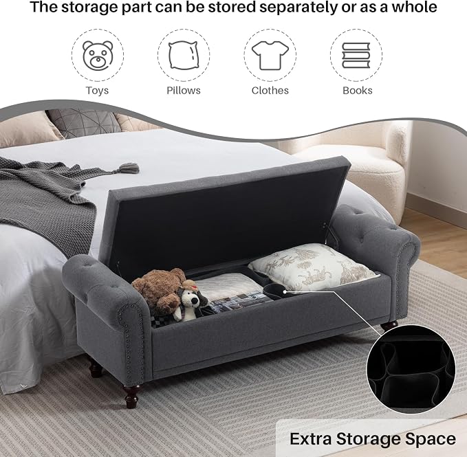 SOFTHION 58.1" Storage Bench Upholstered Linen End of Bedroom Bed Bench Ottoman with Tufted Cushioned Rolled Arm Large Storage Space for Reading Living Room Entryway, Grey - Image 3