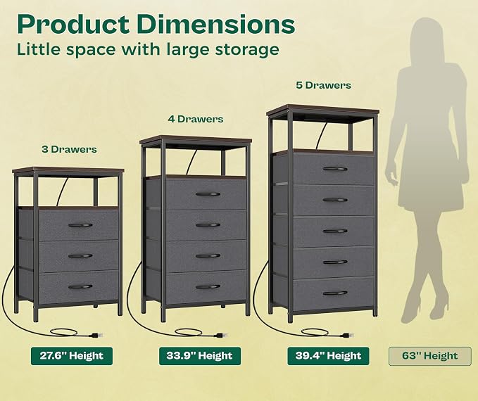 Huuger Night Stand with Charging Station, 4 Drawer Dresser for Bedroom, Bedside Table, 33.9 Inch Tall Nightstand with Open Shelf, End Table, for Closet, Entryway, Bedroom, Walnut - Image 4
