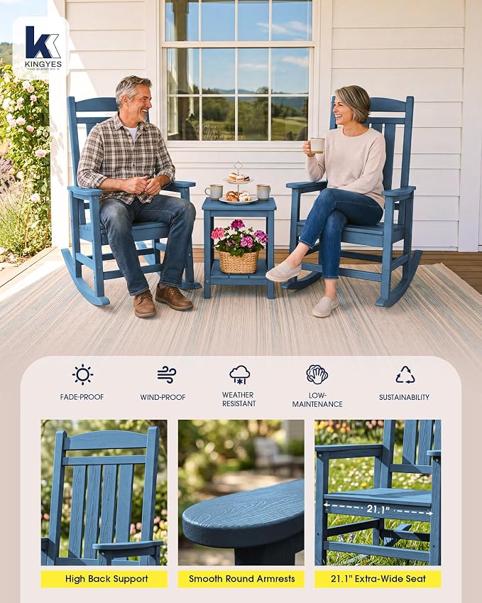 KINGYES Oversized HDPE Rocking Chairs Outdoor, Patio Rocking Chairs with 330lbs Support, Smooth Porch Rocker for Deck Lawn Yard, Navy - Image 7