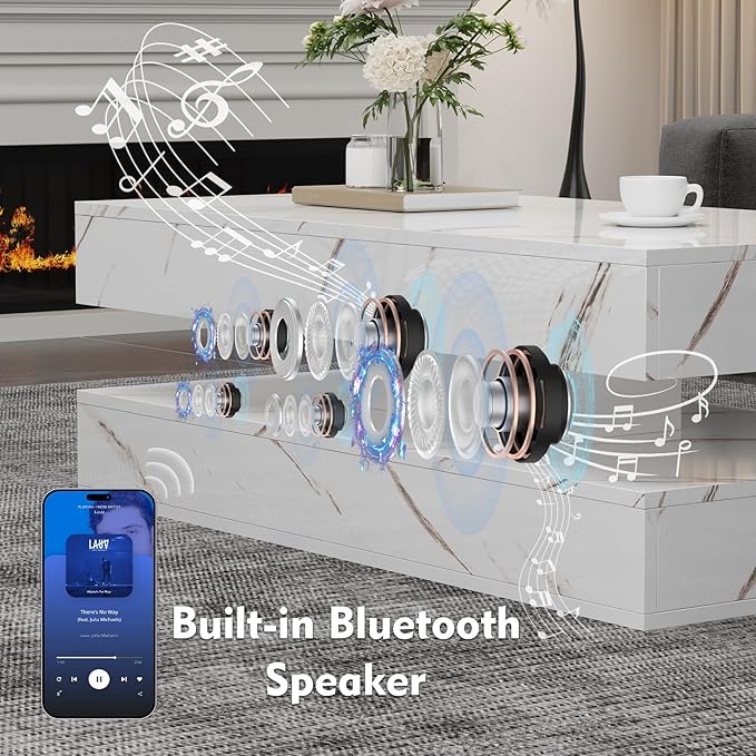 47" Modern LED Coffee Table with 2 Drawers, High Glossy Double-Layer Center Table with Wireless Charging and Built-in Bluetooth Speaker Smart Table for Living Room with Marbling White
