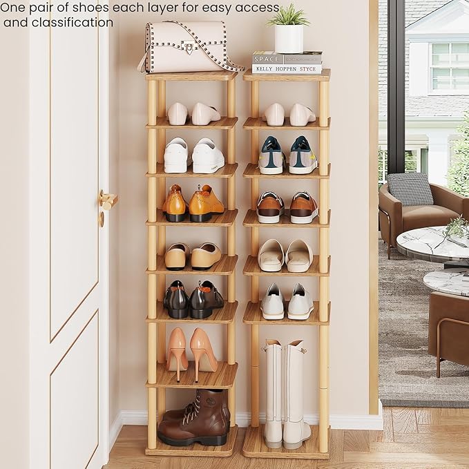 LUCKNOCK Vertical Shoe Rack, 8-Tier Tall Narrow Shoe Organizer for Entryway, Closet, Dorm & Small Spaces, Freestanding Wooden Shoe Shelf Tower for Boots, Sneakers, Heels. (Walnut) - Image 4