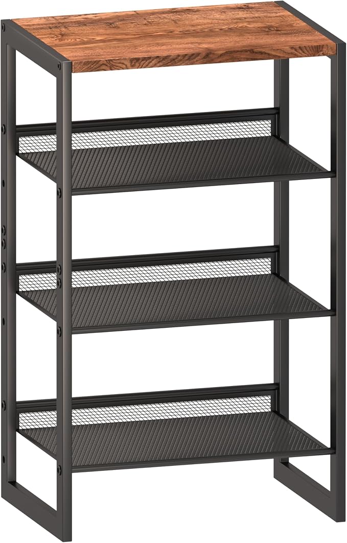 CHEMPFR Narrow 4-Tier Shoe Rack, Slim Space-Saving Shelf with Decorative Wood Top & Steel Mesh, Entryway/Closet/Dorm Organizer, 16.5x11.8x27.9 Inches by CHEMPFR
