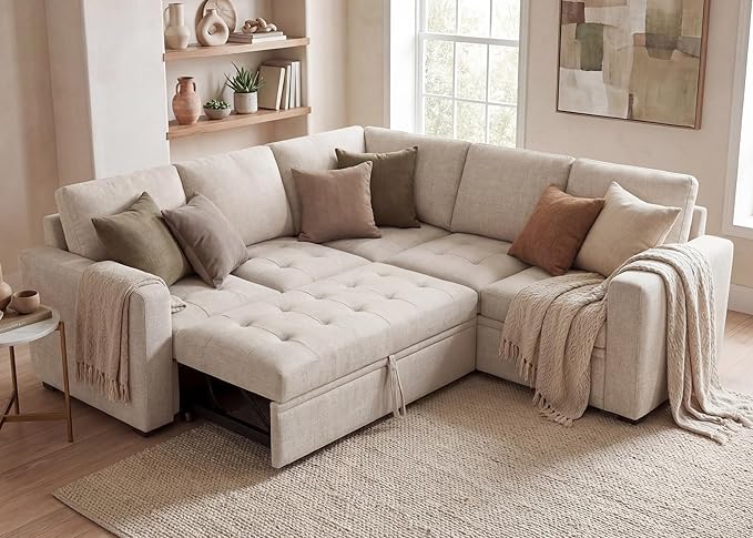 HONBAY Modular Sectional Sofa with Pull Out Bed Convertible L Shaped Couch with Storage Seat Sleeper Sectional Couches for Living Room,Mid Beige
