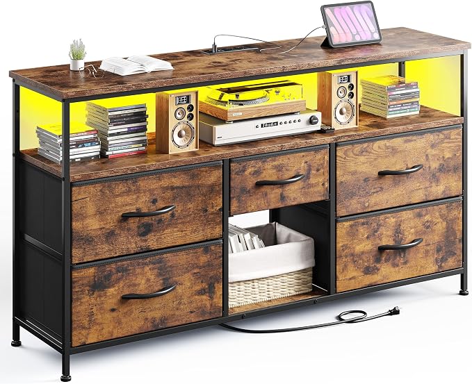 EnHomee TV Stand for Bedroom with LED Lights & Power Outlets, 5 Drawers Dresser Entertainment Center for 45/50" TV, Fabric Dressers with Storage Wood Shelves for Living Room,Dorm,Rustic Brown by EnHomee