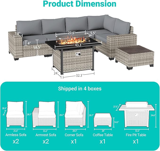 7-Piece Outdoor Patio Furniture Set with 55,000 BTU Fire Pit Table, PE Wicker Rattan Sectional Sofa Patio Conversation Set with Thickened Cushions & Coffee Table, Grey